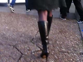 Business Milf eagerly walking with pantyhose &amp; boots