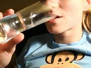 Drinking cum from glass